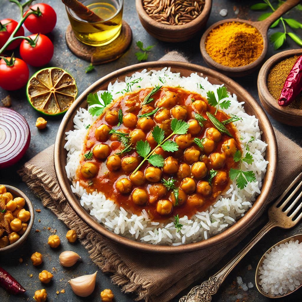 Chana Masala with Rice (चना मसाला और चावल)