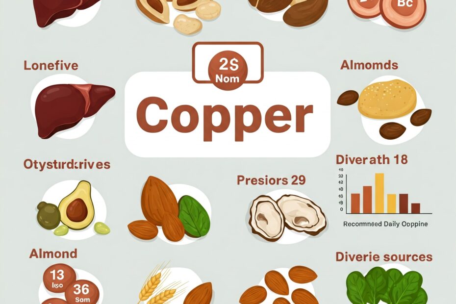 Natural sources of Copper including seafood, nuts, and leafy greens