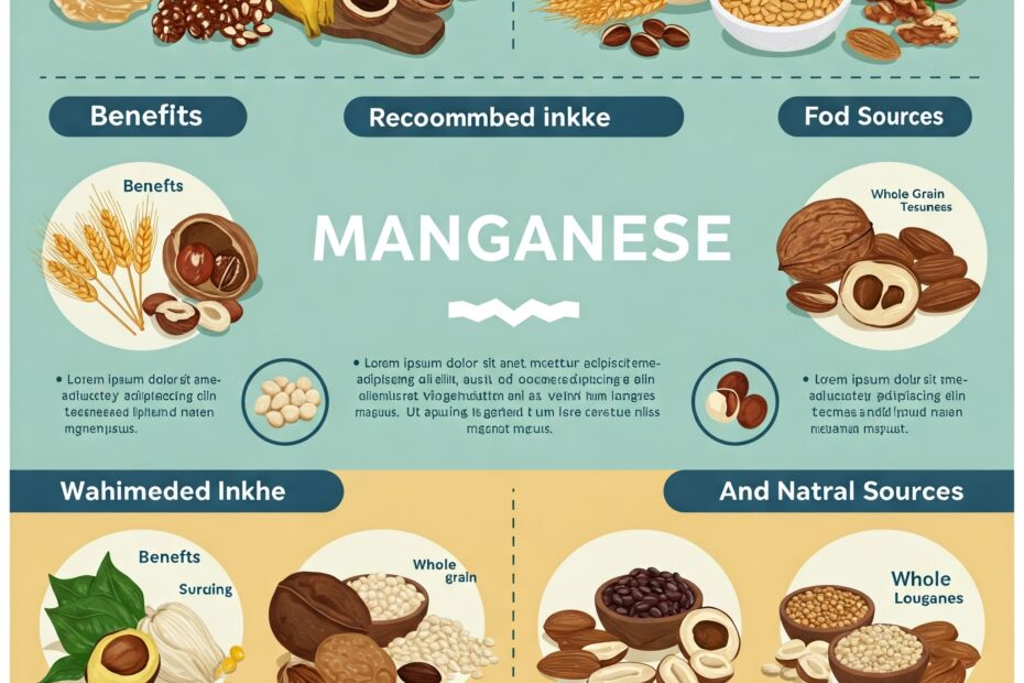 Natural sources of manganese including leafy greens, nuts, and whole grains