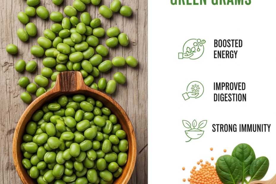 A vibrant bowl of cooked green grams with fresh herbs, showcasing their healthy and natural appeal.