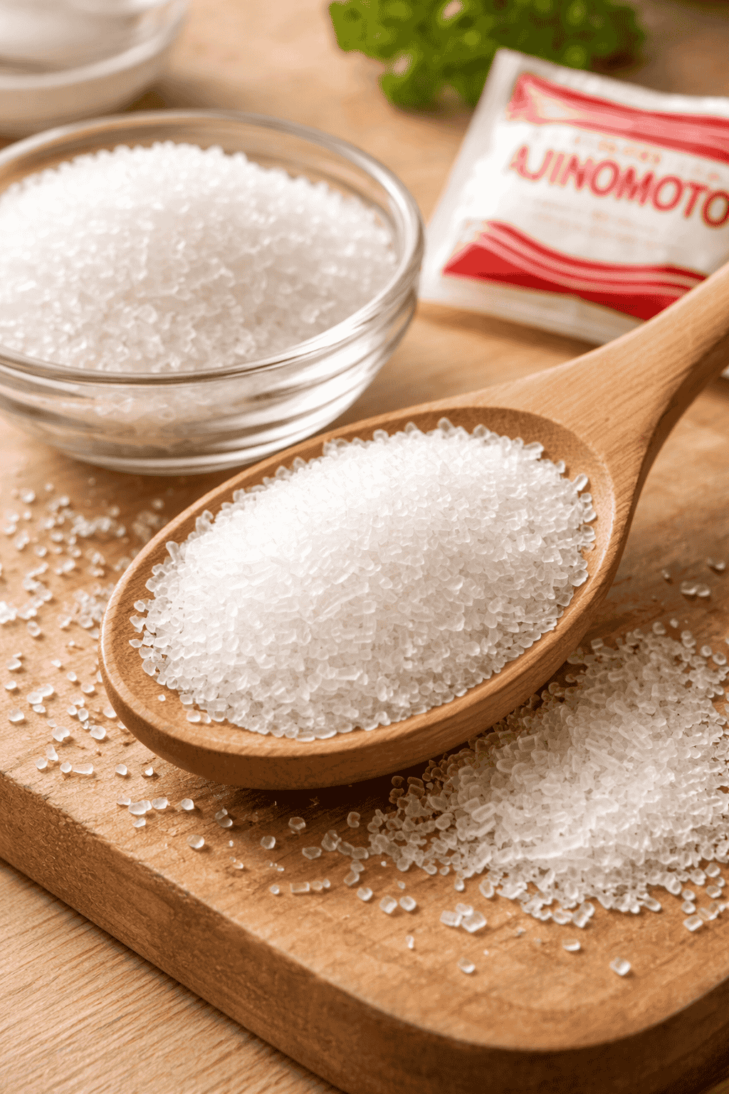 Ajinomoto MSG crystals showing monosodium glutamate seasoning used for umami flavor